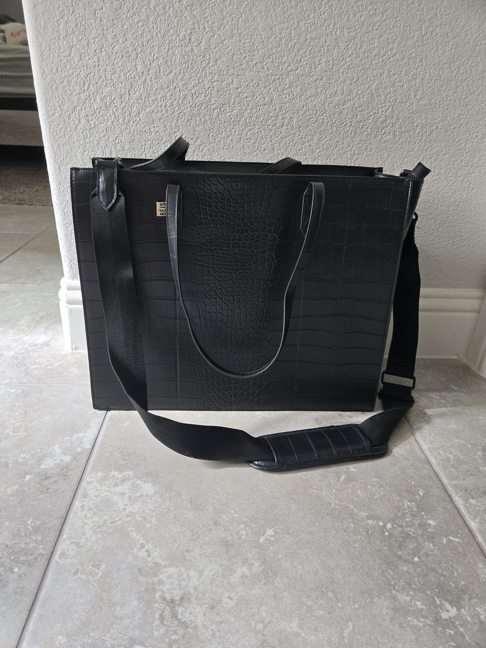 Beis Black Croc-Embossed Leather Tote with Shoulder Strap